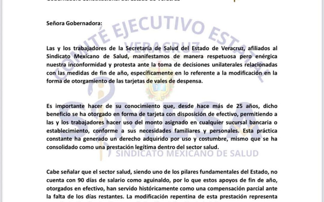 ¡¡Sindicato de Salud acusa decisión unilateral por vales y exige pago en efectivo!!