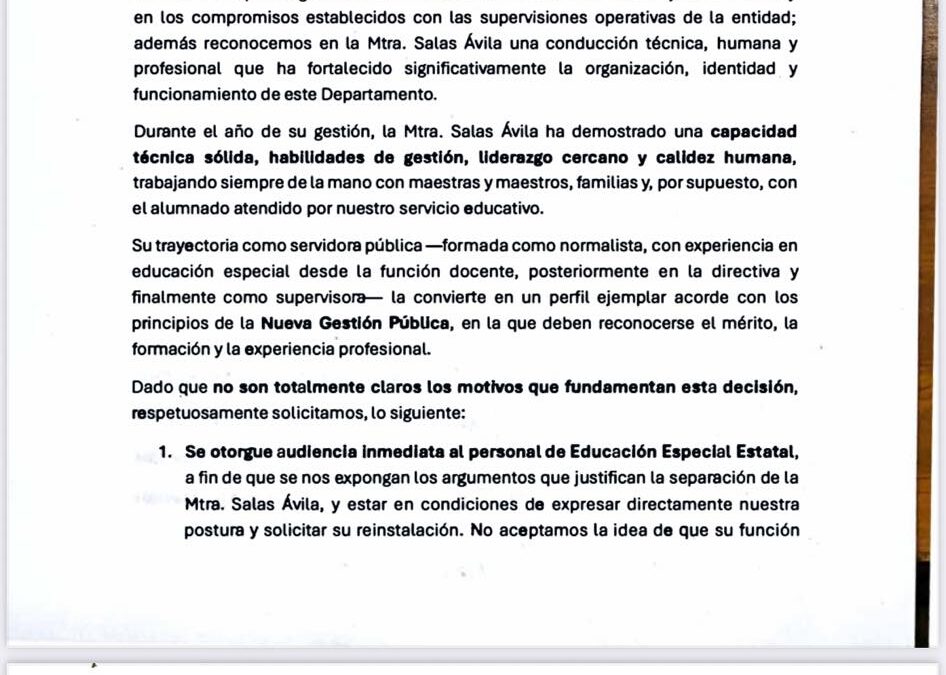 ¡¡Docentes de Educación Especial Estatal rechazan intento de remover a su jefa para “igualar” al sistema federal!!